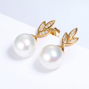 Pearl Gold Leaves Stud Earrings Art deco Earrings